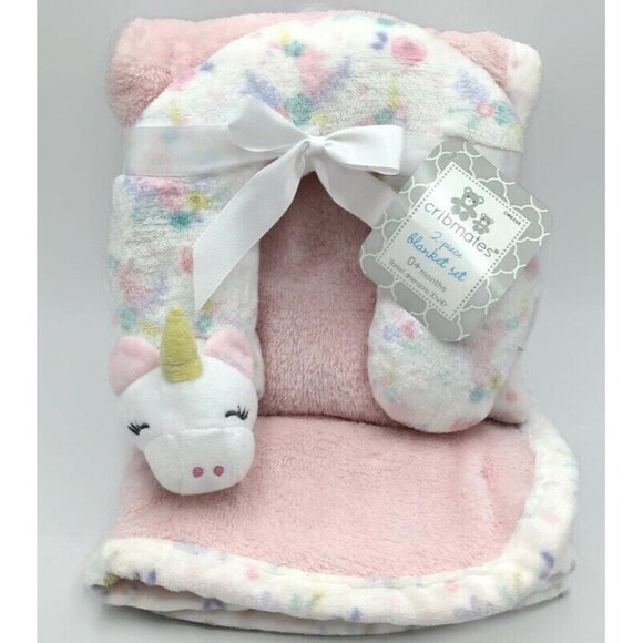 Cribmates 2 Pc. Blanket Set Pink Unicorn Floral Neck Support Pillow Soft NEW - Picture 1 of 7
